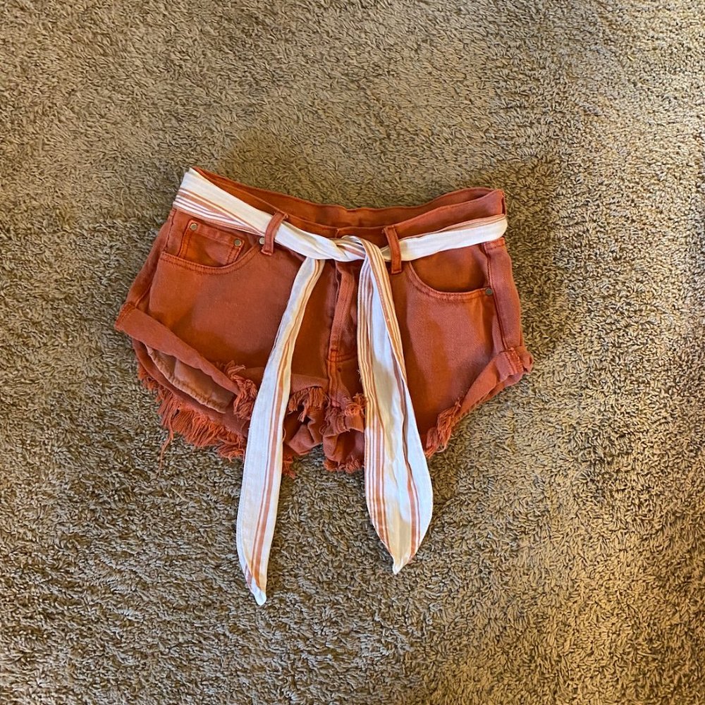 Burnt Orange Denim Shorts with Linen Tie